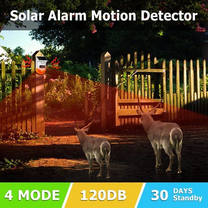 Alarme stroboscopique - Solaire - 120 dB - Détecteur de mouvement - IP67 étanche - 4 modes