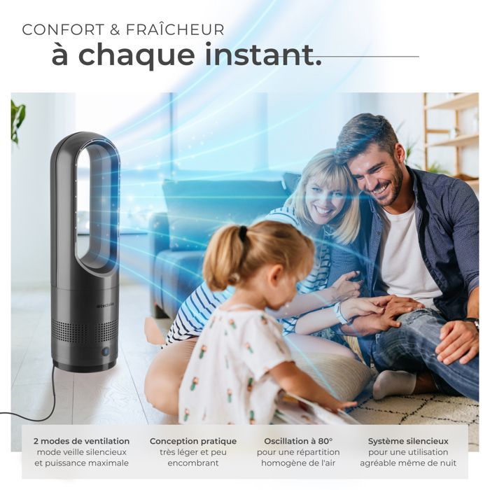Ventilador - TECTAKE - Ventilador de torre POLAR con oscilación de 80°, 8 velocidades, 20 W - Gris antracita