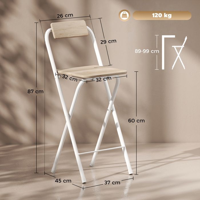 Lot de 2 tabourets de bar - HOMCOM - pliables - dossier et repose-pieds - cadre en acier - 87 cm de haut - effet bois naturel