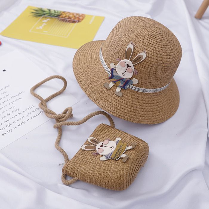 Conjunto de sombrero para niñas FUNMOON: Sombrero de paja + Bolso bonito para viajes al aire libre, playa y chanclas Panamá con girasoles - 336061