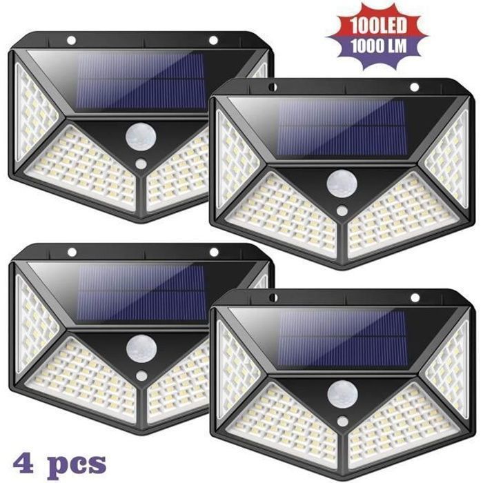 AUDBURN Paquete de 4 luces solares exteriores de 100 LED y 2200 mAh con 3 modos - Negro - Sensor de movimiento