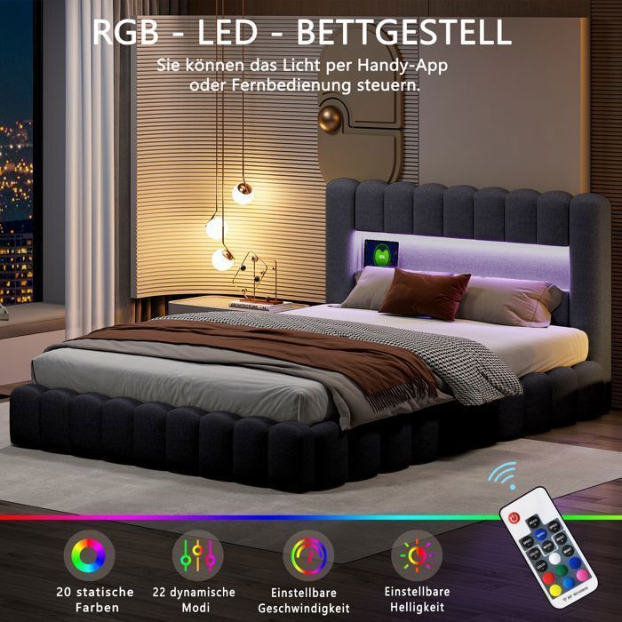 Letto contenitore 180x200 cm, letto matrimoniale per 2 persone, tessuto in lino, con ricarica USB Type-C e illuminazione a LED, meccanismo di sollevamento idraulico, grigio.