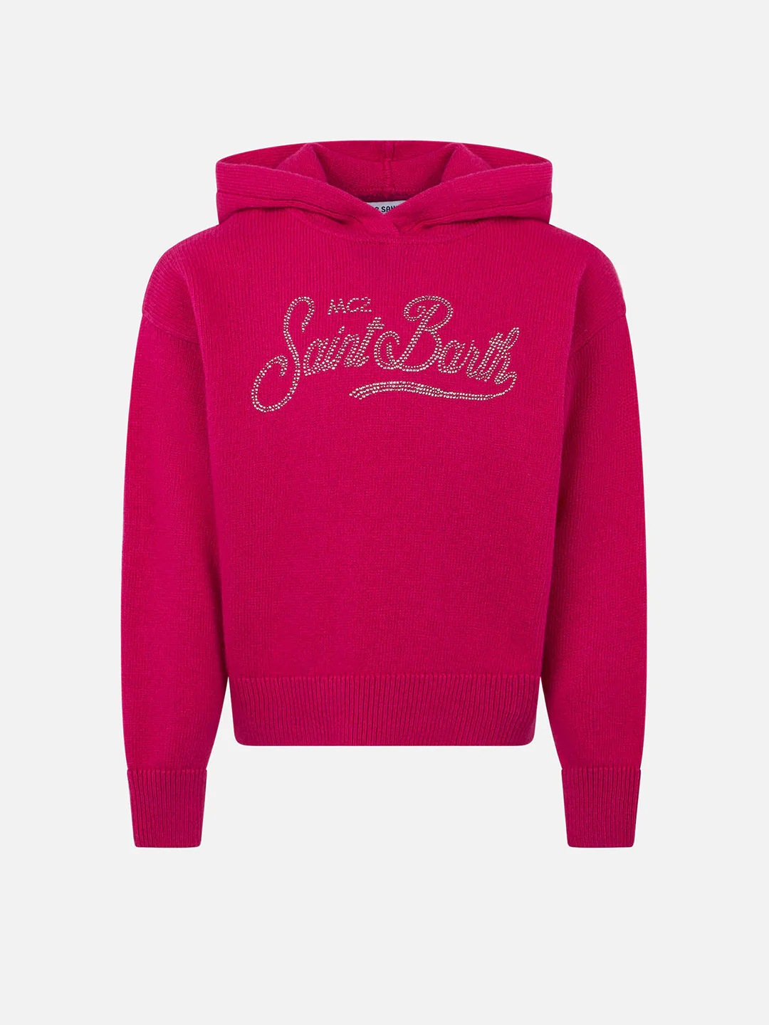 Korte fuchsia trui voor meisjes met capuchon en strass-steentjes.