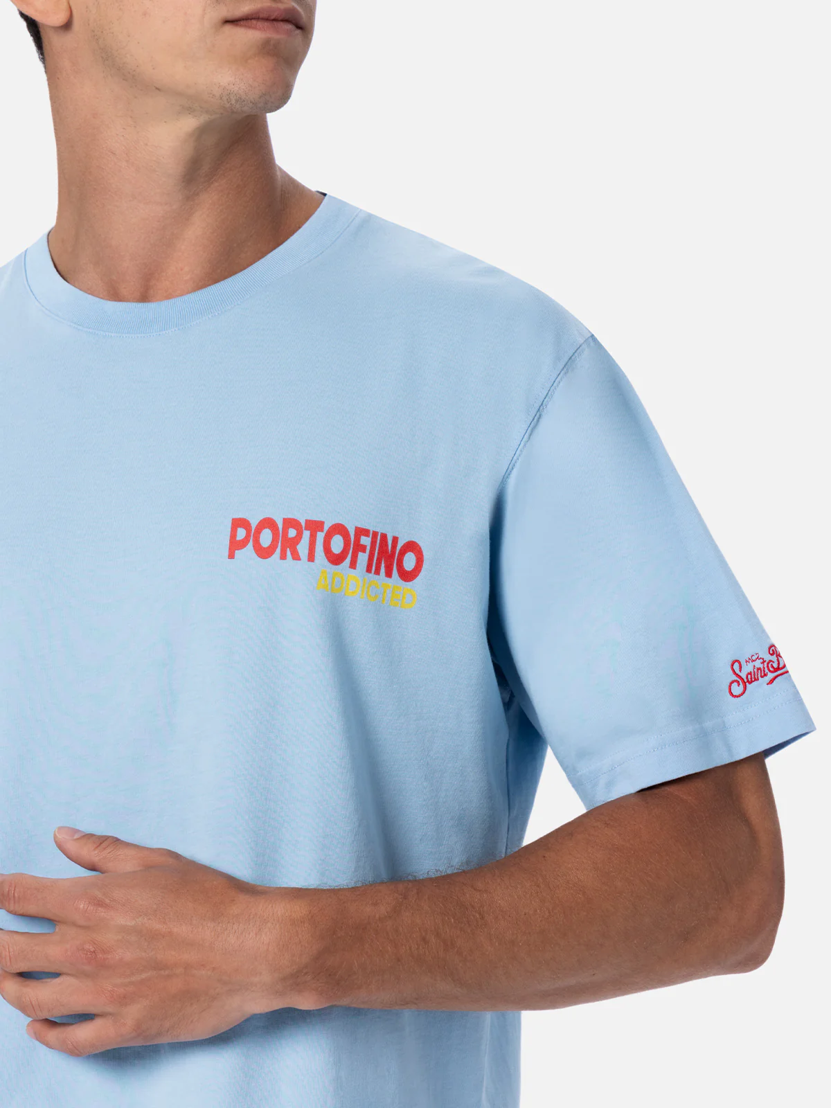 Heren katoenen T-shirt met print van een ansichtkaart van Portofino