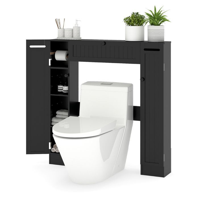 Armario de baño COSTWAY con estantes ajustables y portarrollos de papel higiénico, 89 x 19,5 x 99 cm, negro.