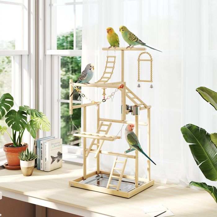 Vogelspielplatz – PawHut – mit Leitern, Kettenspielzeug, Plattform, Futterstelle und Schaukel – 48 x 38 x 95 cm – Naturholz