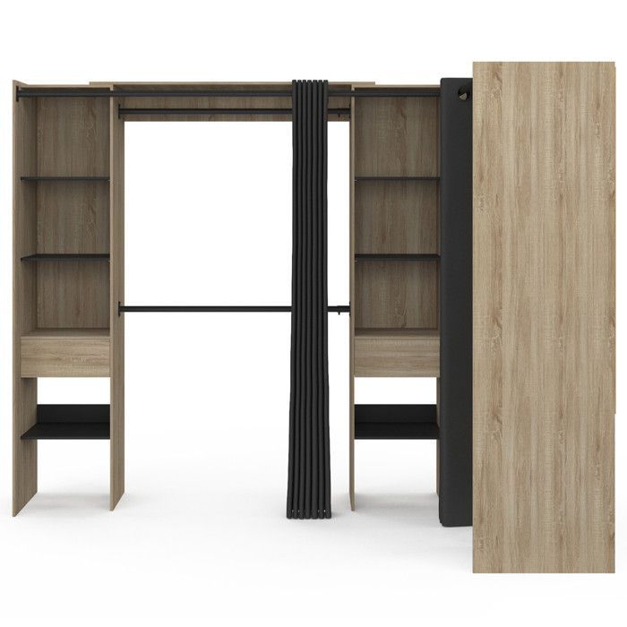 IDMARKET MARLON Uitschuifbare hoekkledingkast 230 x 140 x 180 cm Beuken met kledingstangen + planken + zwarte gordijnen