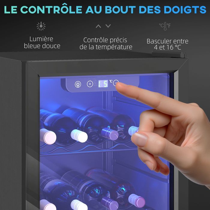 Bodega para vinos - HOMCOM - 24 botellas, 68 L - temperatura regulable 4-16 °C, puerta reversible, pantalla táctil - acero - 43 x 46 x 74 cm - negro