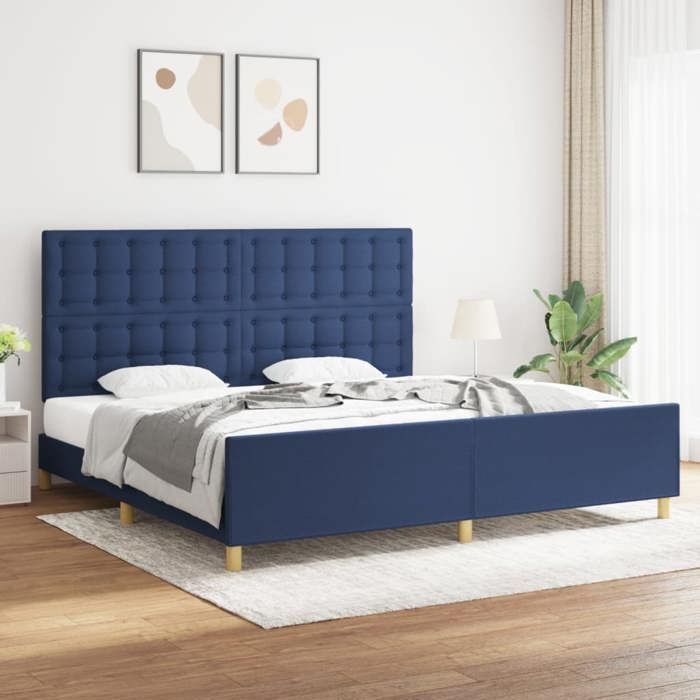 Estructura de cama vidaXL con cabecero, azul, 200 x 200 cm, tela, 3125411