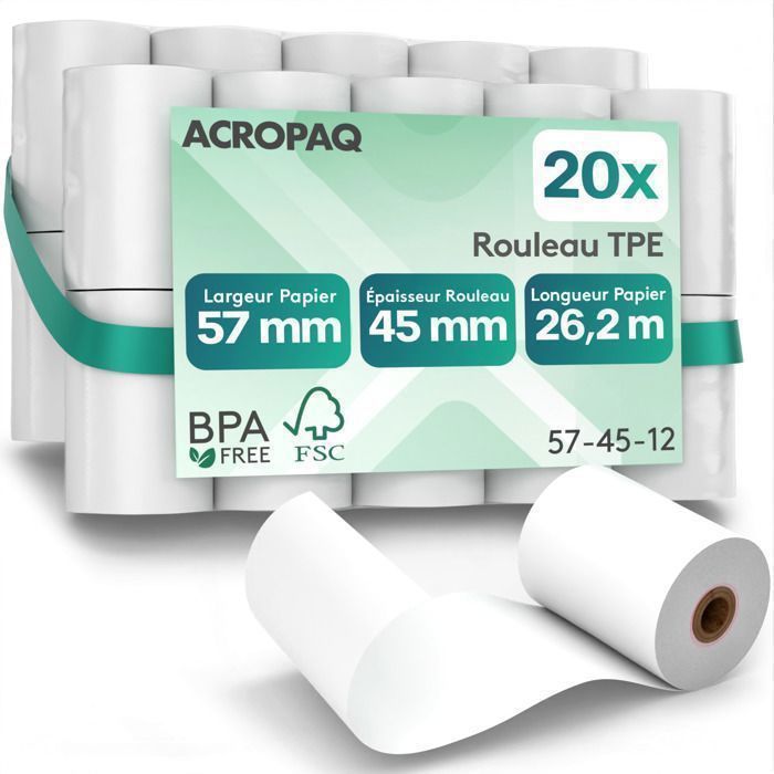 ACROPAQ 20 rollos térmicos para terminales de pago 57x45x8mm - 26,2m - 20 rollos EFT - Sin BPA - Tamaño universal