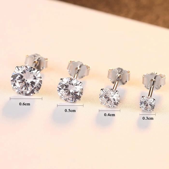 Boucles d'oreilles - BIGILANTUH - Lot de 4 - Zircone Cubique - Hypoallergénique - Diamètre 3/4/5/6mm