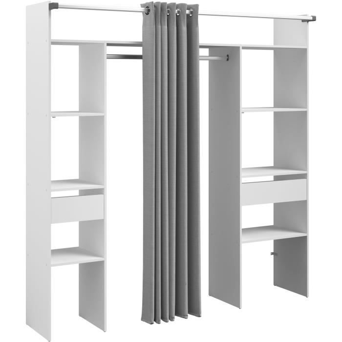 Dressing double ARTIC - L 198 x P 40 x H 203 cm - Blanc + rideau Made in France