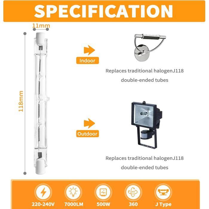 8 bombillas halógenas R7s de 118 mm y 500 W para iluminación del hogar, lámparas de trabajo, lámparas de pie, etc.