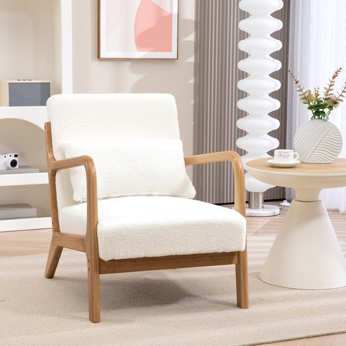 Fauteuil de salon HOMCOM avec cadre en bois massif fauteuil lounge - assise profonde - accoudoirs - aspect velours crème