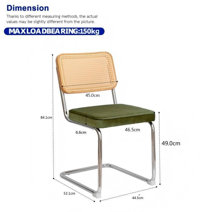 Lot de 2 Chaises Salle à Manger Vert – Velours/Rotin – Piètement Chrome – Style Breuer – 53x46x85 cm