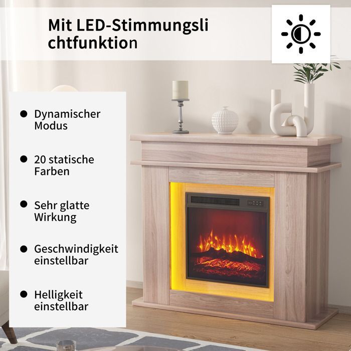 Chimenea eléctrica LUMINARIX con efecto de llama LED 3D, 1500 W, color roble, tamaño grande 101x34x88cm.