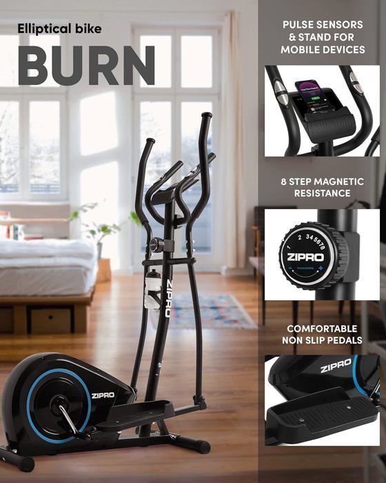 Ellittica - ZIPRO - Crosstrainer Burn - 120 kg - 8 livelli di resistenza - Compatta e pratica