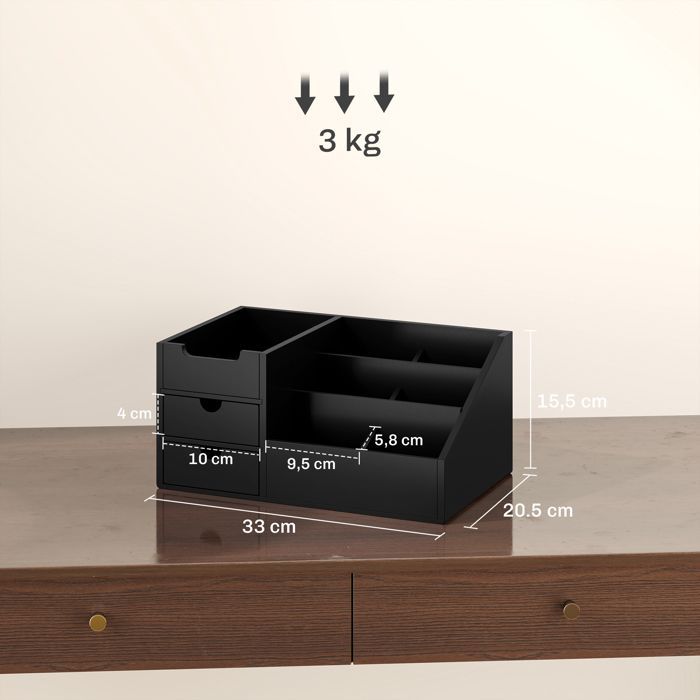 Organizador de escritorio - HOMCOM - Caja de almacenamiento de 7 compartimentos con 2 cajones - Bambú - Negro