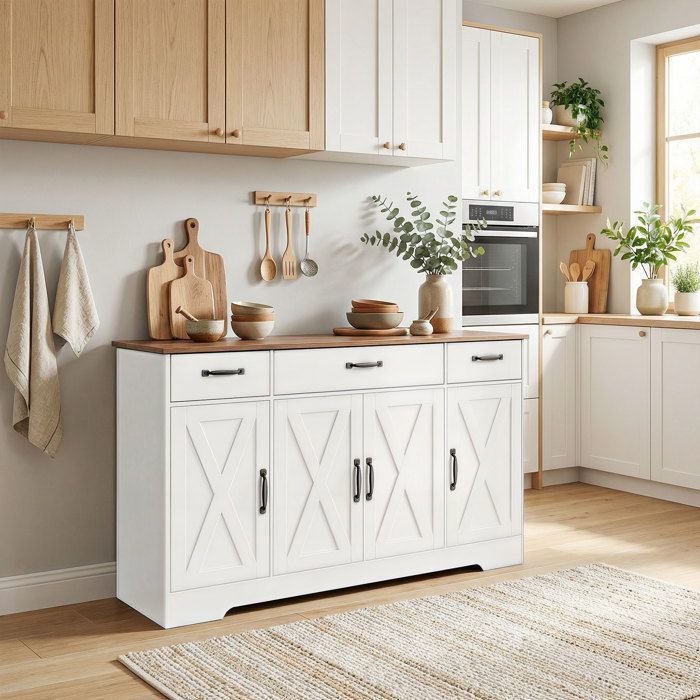 Aparador de cocina - HOMCOM - 4 puertas correderas, 3 cajones y estantes ajustables - madera - 140 x 40 x 81 cm - blanco