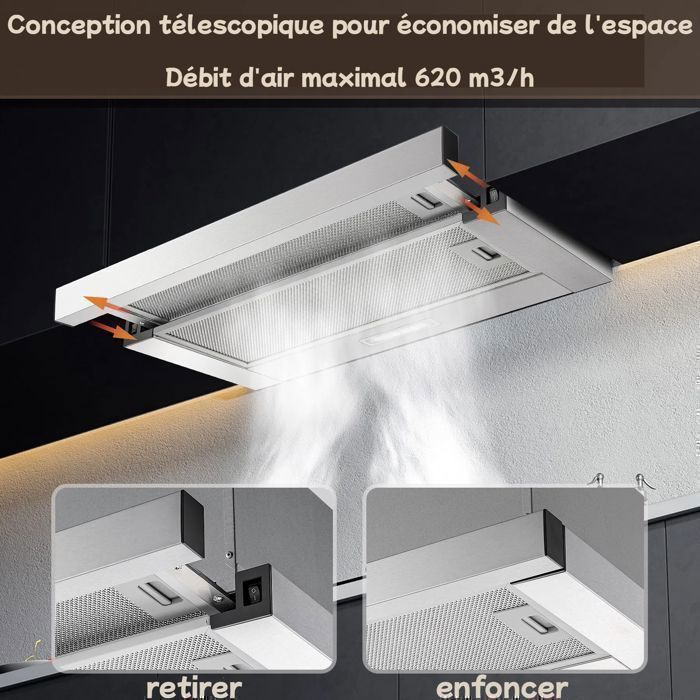 60 cm afzuigkap - Recirculatie en afzuiging - met koolstoffilter - 2 snelheden - 620 m³/u - Inbouw - Energie-efficiëntieklasse A