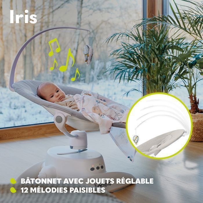 Balancelle electrique 360° LIONELO Iris -Léger - Transat - 12 mélodies - 3 modes - 5 vitesse - Jusqu’à 9 kg - Gris