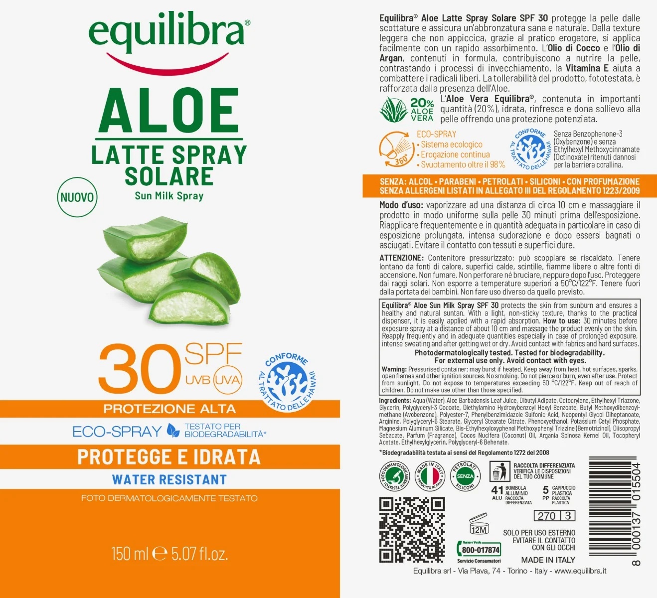 EQUILIBRA Equilibra Aloe Milk Spray SPF 30 150 ml Sonnenschutz
