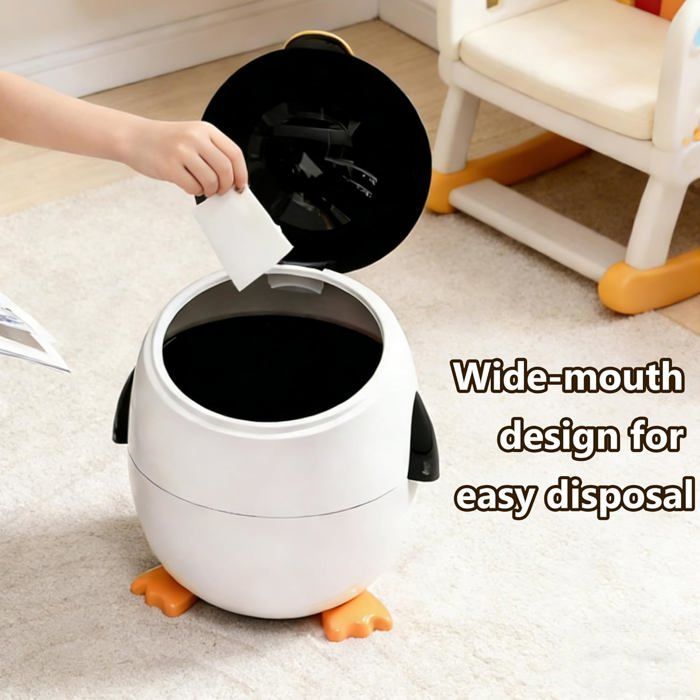 Pinguïn kinderprullenbak van 12 liter - met uitneembare binnenemmer, dierenthema decoratie voor slaapkamer of badkamer, wit