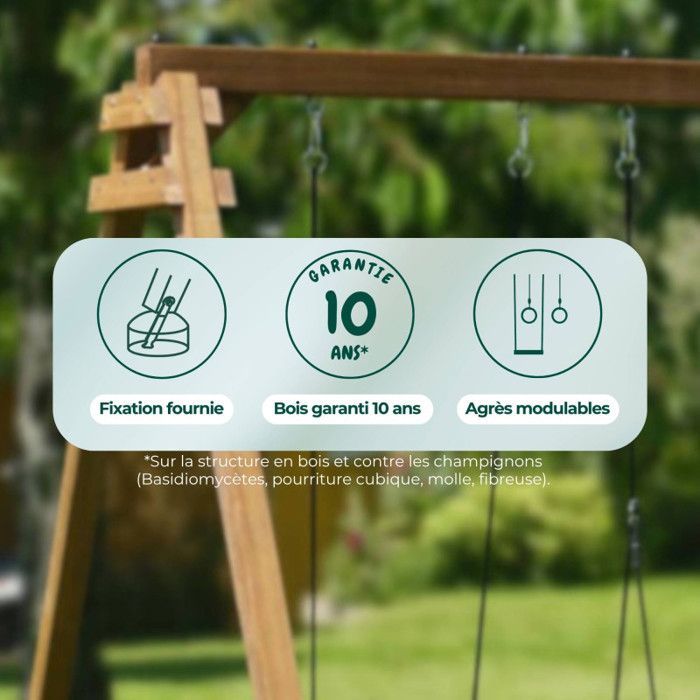 Portique en bois carré 3 agrès avec balançoire bébé et face à face PIERRE