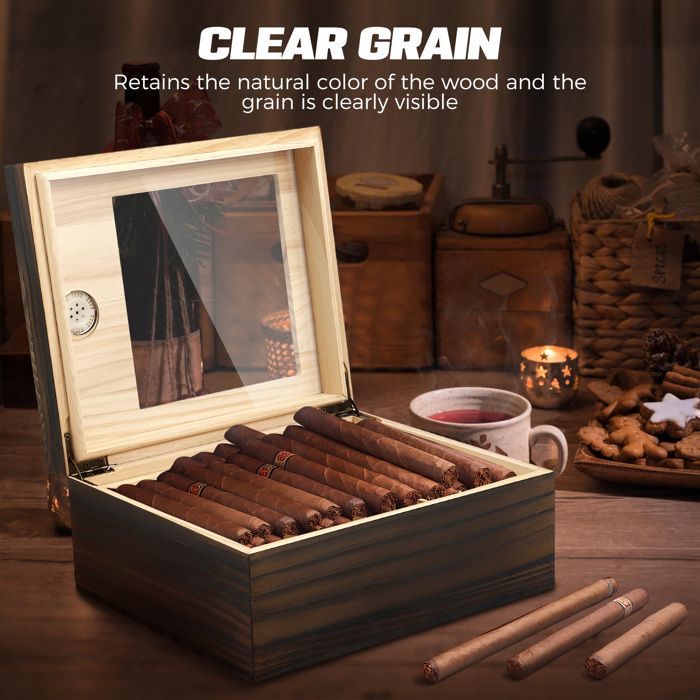 Humidor per sigari, scatola in legno a doppia parete con divisorio e igrometro digitale, per 25-50 sigari.
