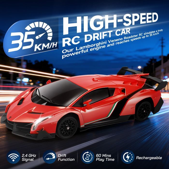 Voiture RC Lamborghini 1:18 4WD - Voiture de Drift Haute Vitesse 35 KM/H avec Éclairage LED - Télécommande Proportionnelle Complète