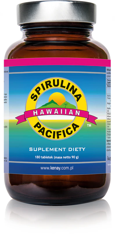 Comprimidos de suplemento alimentar Kenay Hawaiian Spirulina Pacifica com propriedades antioxidantes.