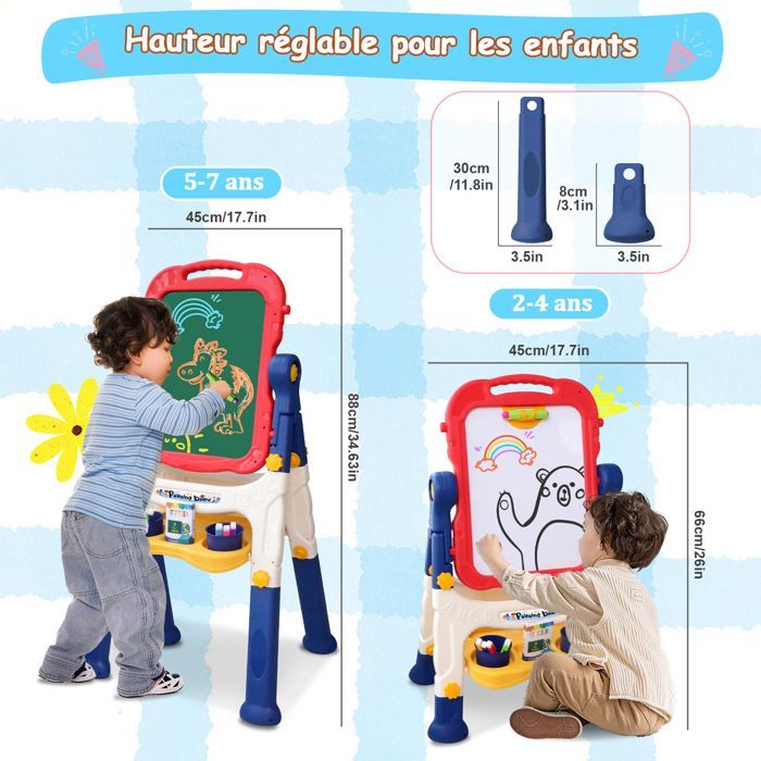 Caballete de pintura infantil, lienzo infantil de doble cara, patas ajustables, lienzo magnético para niños y niñas.