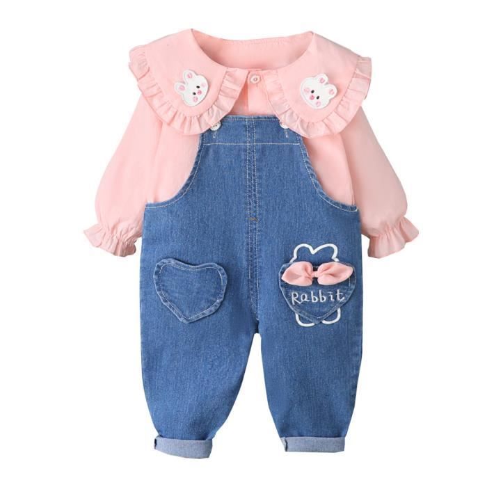 Conjunto de ropa de algodón de 2 piezas para niña, top y pantalón vaquero, conjunto bonito y a la moda para primavera/otoño, rosa.