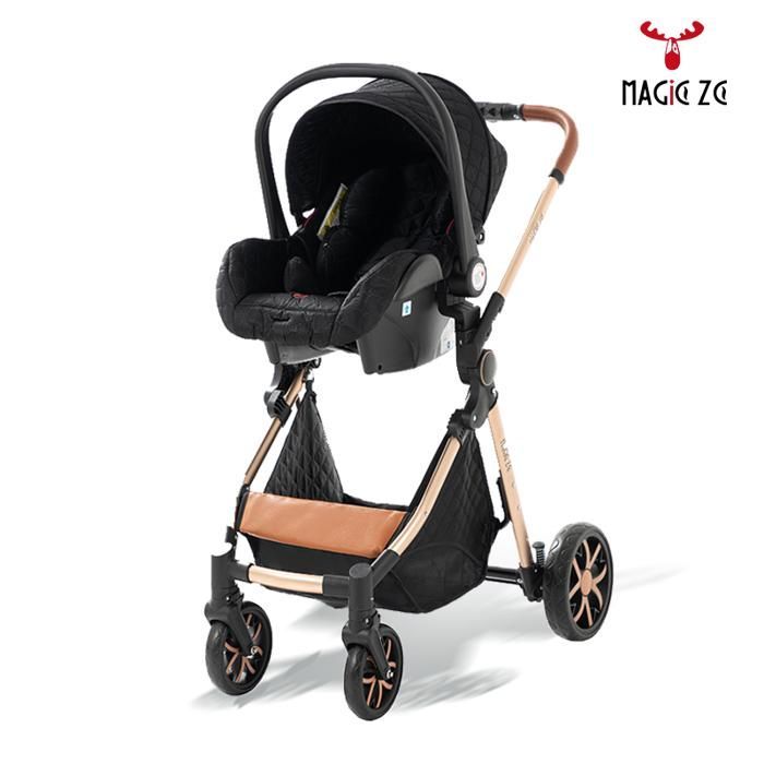 Carrinho de bebê MagicZC, modelo trio, 3 em 1, para recém-nascidos, dobrável, com encosto ajustável e bolsa para a mãe, para crianças de 0 a 4 anos, nas cores dourado e preto.