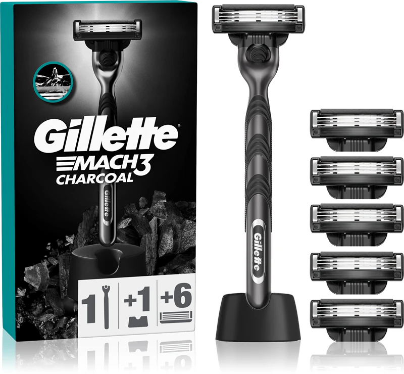 Holiaci strojček Gillette Mach3 s aktívnym uhlím a stojanom + náhradné čepele