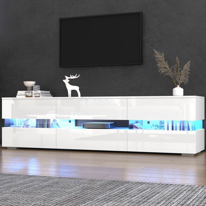 Mueble de TV moderno en blanco brillante con iluminación LED, 2 puertas, 1 cajón, apto para un televisor de 70 pulgadas, 160 x 39 x 45 cm.