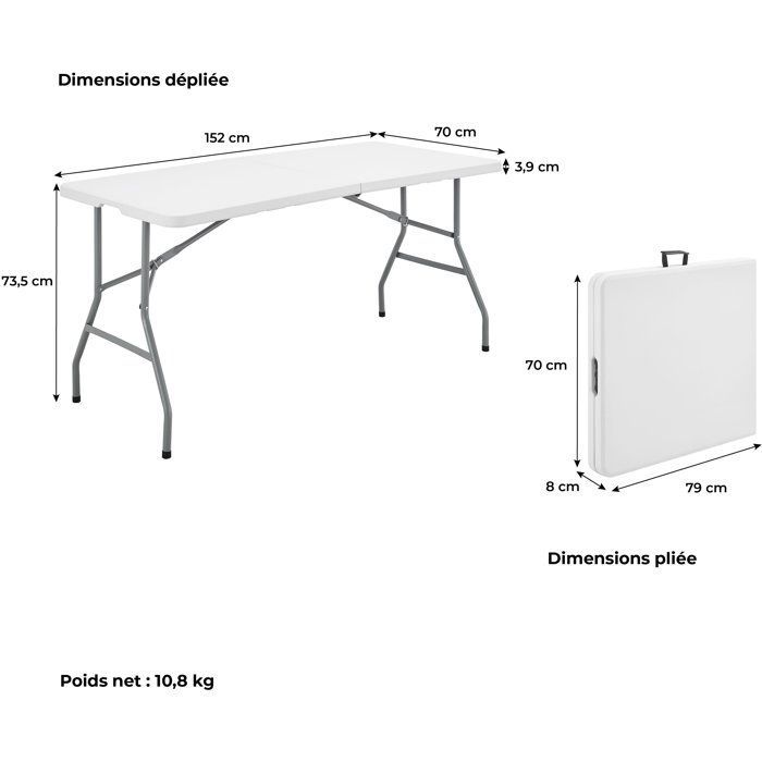 Table de réception pliante - TERRANOVA - Blanche - Structure acier et Plateau en Polyéthylène PEHD - 6 personnes - 152x70xH73,5 cm
