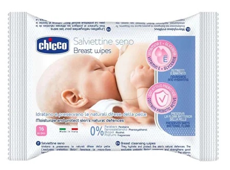 Lenços umedecidos para limpeza dos seios Chicco, 16 unidades.