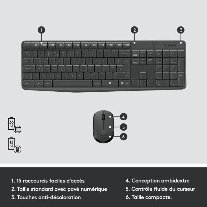 Combo de teclado y ratón inalámbrico - Logitech - MK235 - AZERTY - Grafito