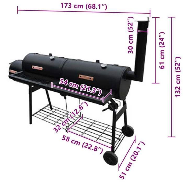Smoker Barbecue - vidaXL - Nevada XL - Black - Coated Metal - Firebox ø30x30 cm - Smoking Chambers ø30x61 cm
