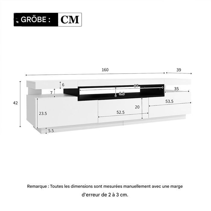 Elegante mueble para TV lacado de alto brillo con iluminación LED, 3 cajones, color blanco, mueble para salón, 160 x 39 x 42 cm