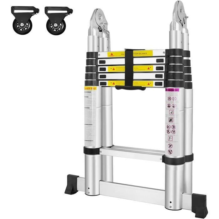 Escalera telescópica de aluminio NAIZY de 3,8 m - Plegable, portátil, 12 peldaños - Capacidad de carga de 150 kg - Plateada