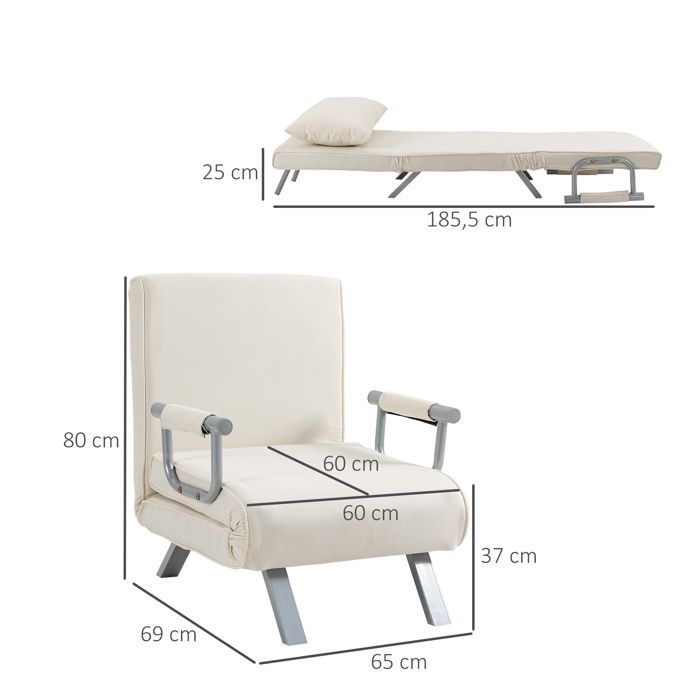 Fauteuil chauffeuse - canapé-lit convertible - HOMCOM - 1 place déhoussable coussin pieds accoudoirs - métal suède - blanc