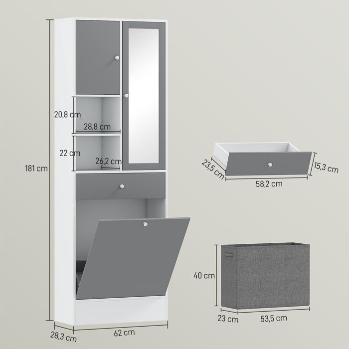 Mueble de baño - HOMCOM - cesto de ropa y espejo - estante ajustable - 62 x 28,3 x 181 cm - gris y blanco