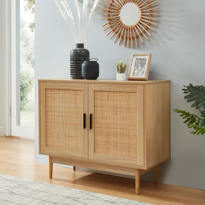 Sideboard mit zwei Türen und Naturrohrgeflecht – Holzoptik – B 90 x T 39,5 x H 75 cm – AMANA