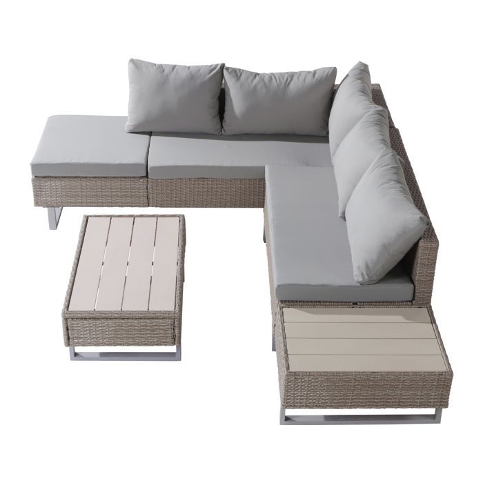 Modular PE rattan garden furniture set - suitable for 4 to 5 people - plastic plank coffee table - Khaki
