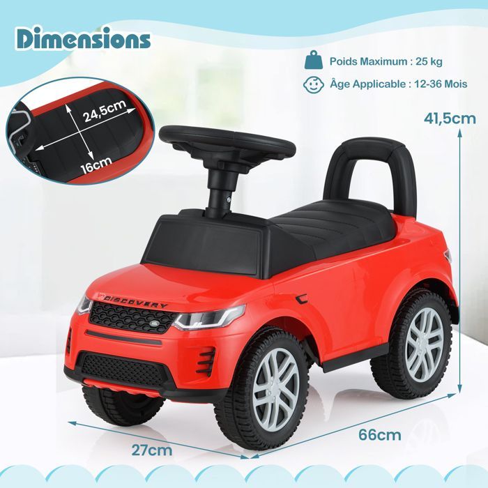 Cochecito infantil COSTWAY Land Rover con volante, claxon, sonido de motor y compartimento de almacenamiento bajo el asiento, para niños de 12 a 36 meses, hasta 25 kg, color rojo.