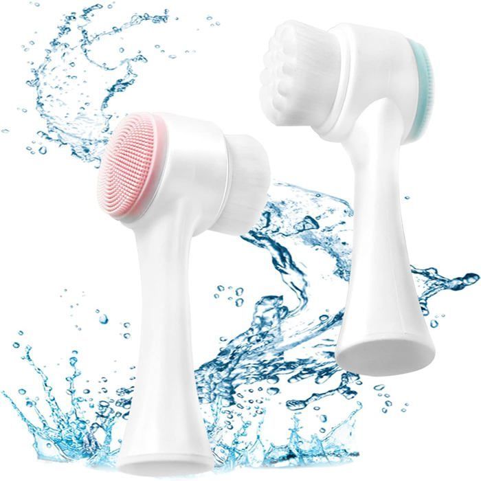 2-in-1 gezichtsreinigingsborstel met dubbele kop, zachte borstelharen en siliconen (blauw, roze)