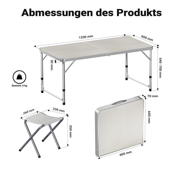 Kit de mesa plegable de camping Wiltec, 1200 x 600 x 545 mm, con 4 taburetes, mesa portátil de MDF/aluminio blanco, altura ajustable.