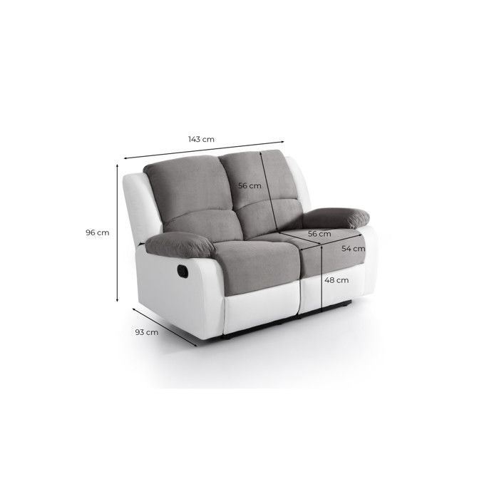 Canapé Relaxation 2 places Microfibre et Simili LEO - Blanc et gris - L143 x 93 x 96cm - LOUNGITUDE